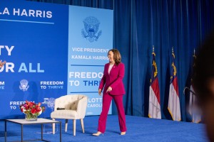 Vice President Kamala Harris takes the stage in Brayboy Gymnasium