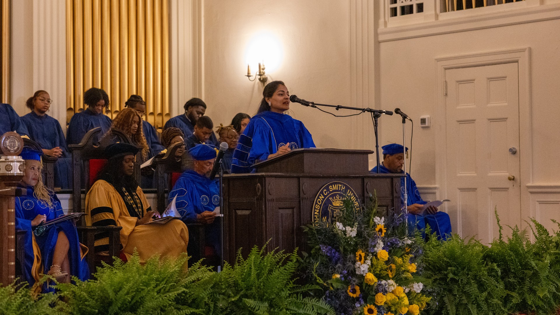 Councilwoman Ajmera giving greetings at the Founders' Day Convocation